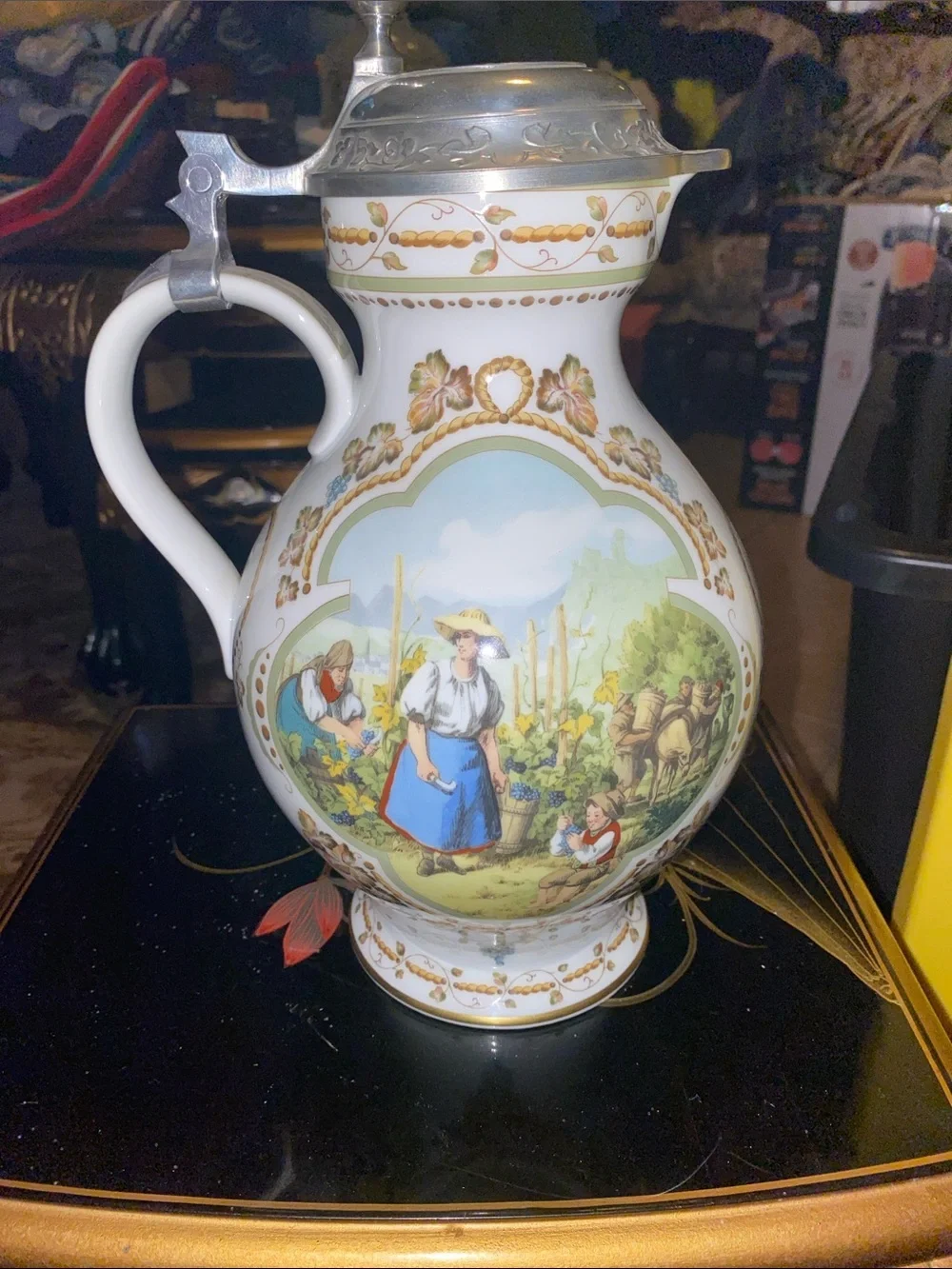Franklin Mint 1984 German Porcelain Wine Stein Pitcher with Pewter Lid - Rare